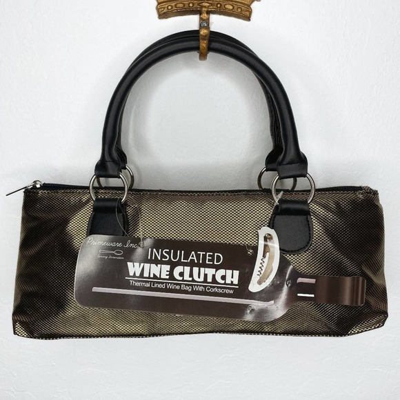 Primeware Inc. Handbags - Primeware Insulated Single Wine Bottle Clutch Black Gold Classic Sassy Bag